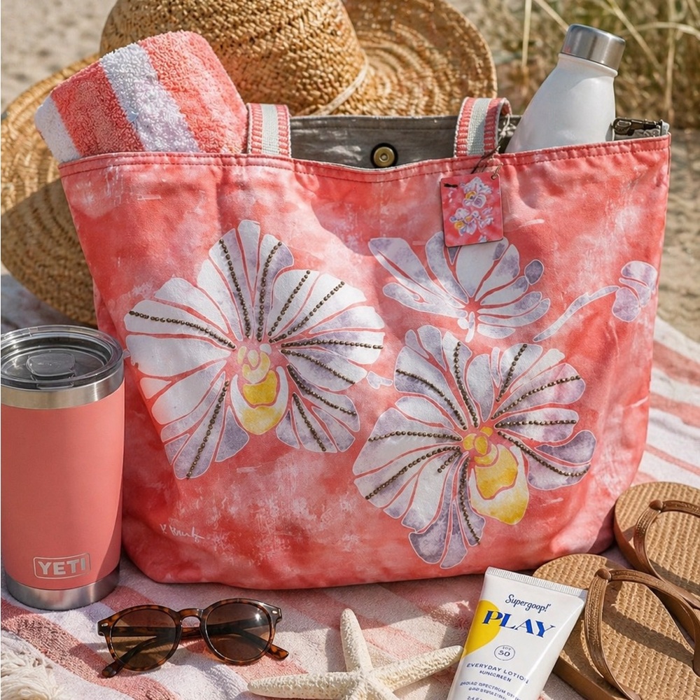 Beach Tote—Sun and Sand Floral Coral Tote Bag